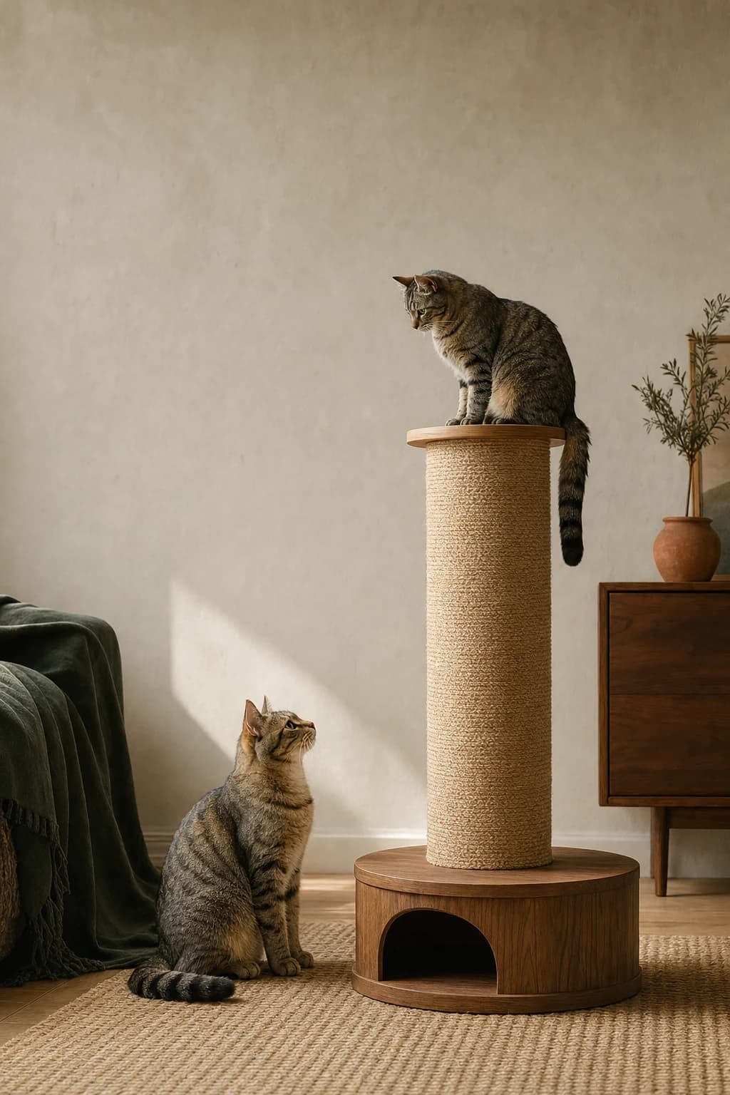 Two tabby cats beside a tall scratching post in a calm living room
