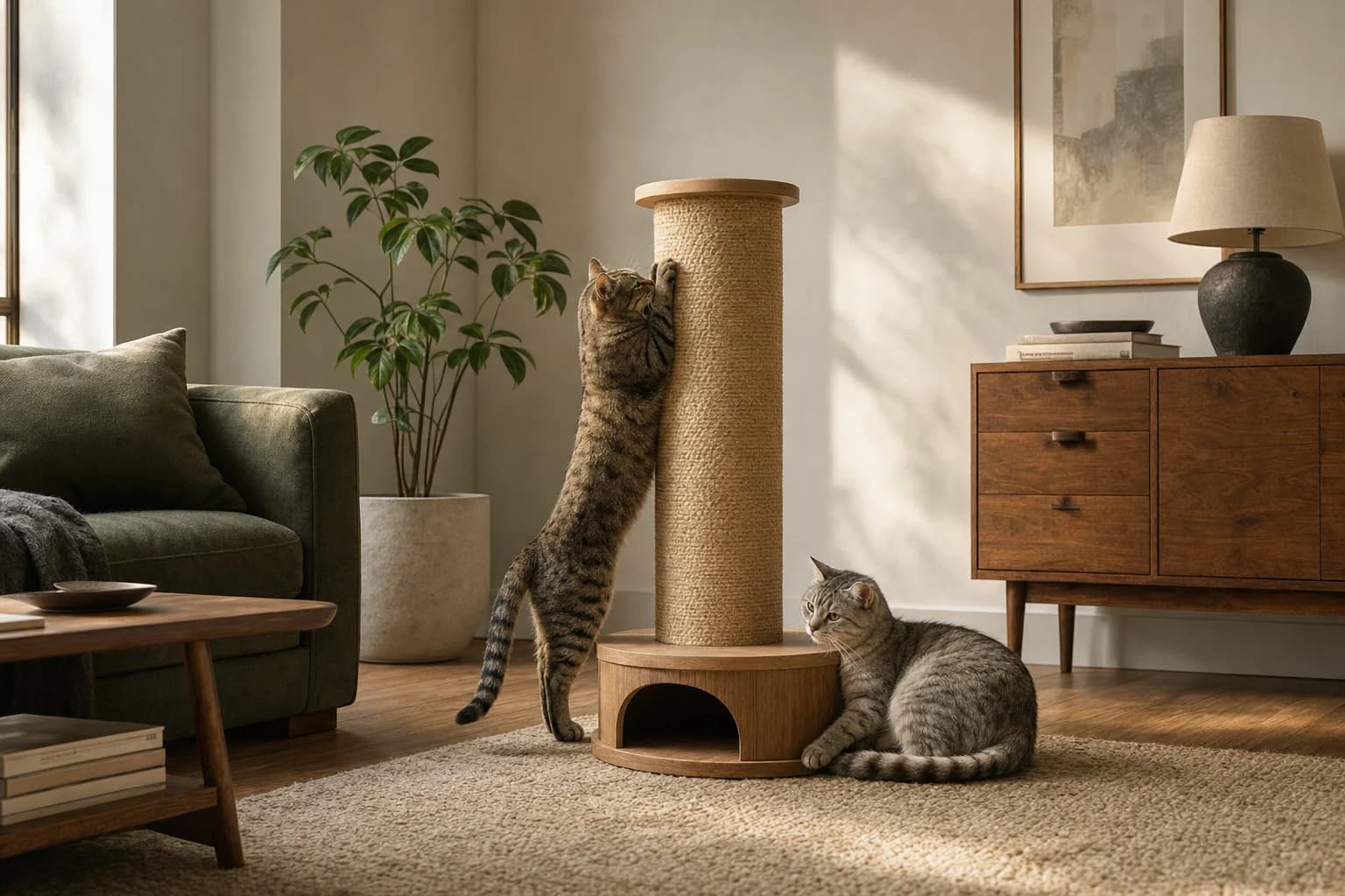 Two cats sharing a scratching post in a warm, considered living room