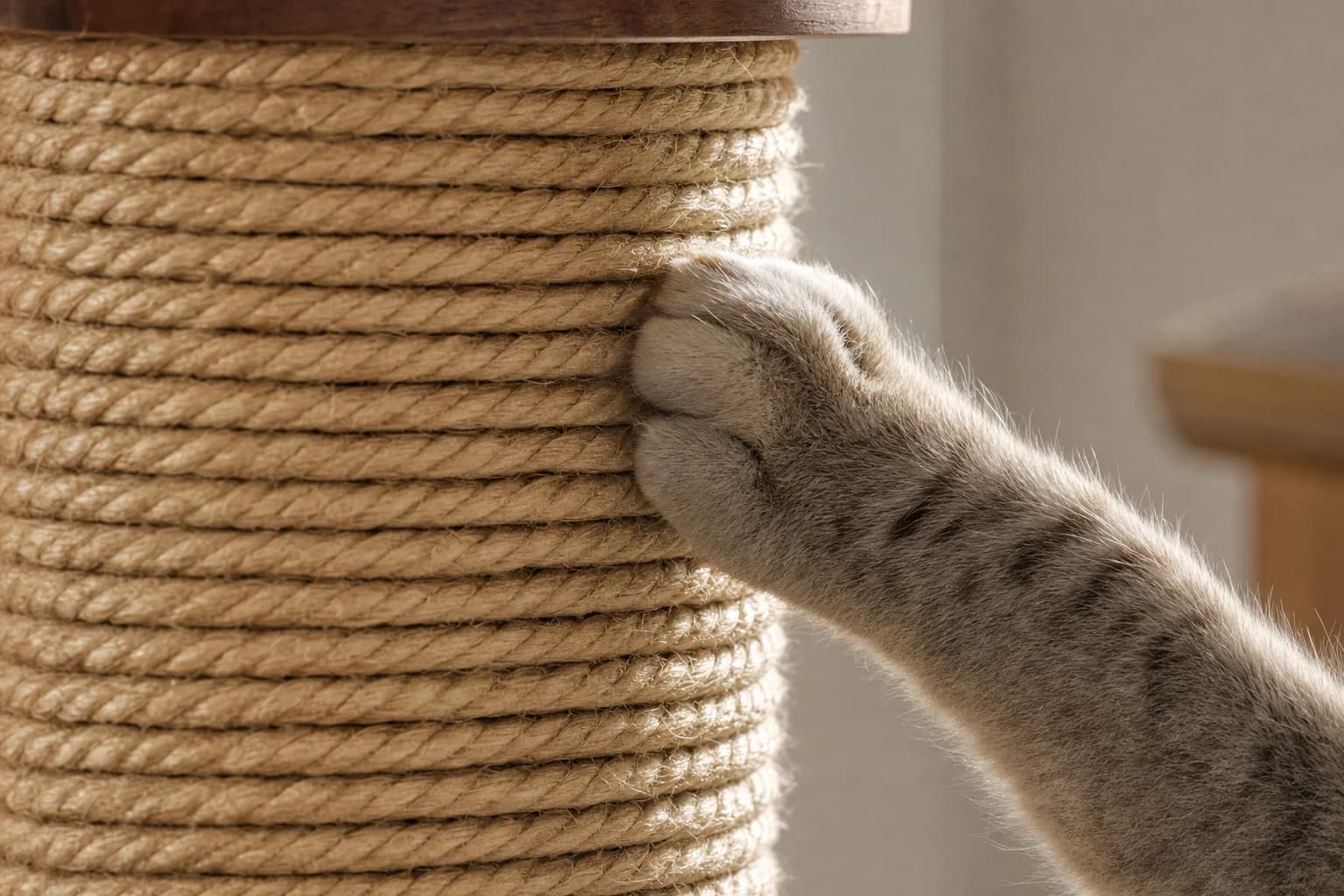 Close view of a cat paw meeting the woven scratching surface